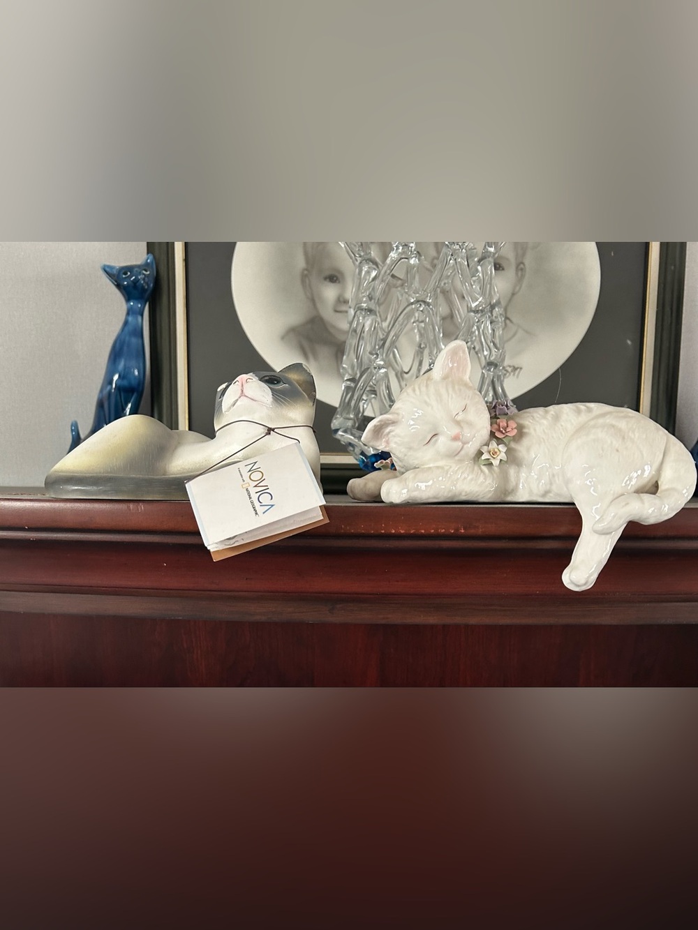 White Ceramic Sleeping Cat Figurine -and a wooden cat  Decorative Home Accent